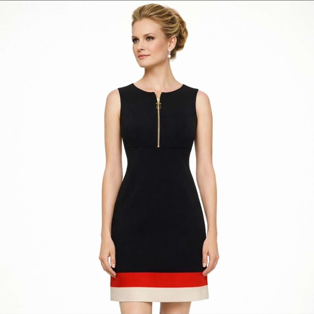 Calvin Klein navy/cream/red colorblock zip knit Office Siren sheath dress sz 10